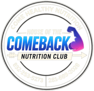 Comeback Nutrition logo for a nutrition club in Austin, Texas, featuring a bold blue and purple circular emblem with the text “House of the Comeback Nutrition Club.” The modern logo represents a health-focused business offering protein shakes, energy teas, wellness coaching, weight management support, and nutritious meal options for the Austin community.