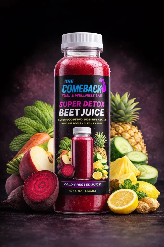 Bottle of Super Detox Beet Juice surrounded by fresh beets, pineapple, cucumber, lemon, and ginger, showcasing a vibrant cold-pressed wellness drink made from fruits and vegetables.