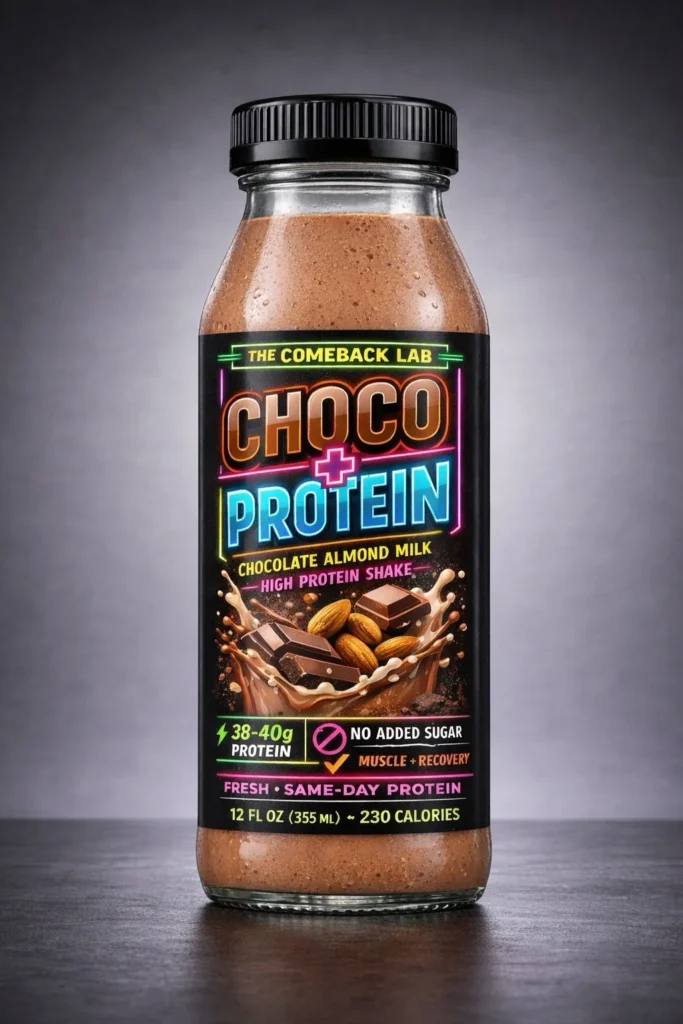 Bottle of Choco + Protein shake with a chocolate almond milk design on the label, emphasizing a high-protein, no-added-sugar chocolate beverage.