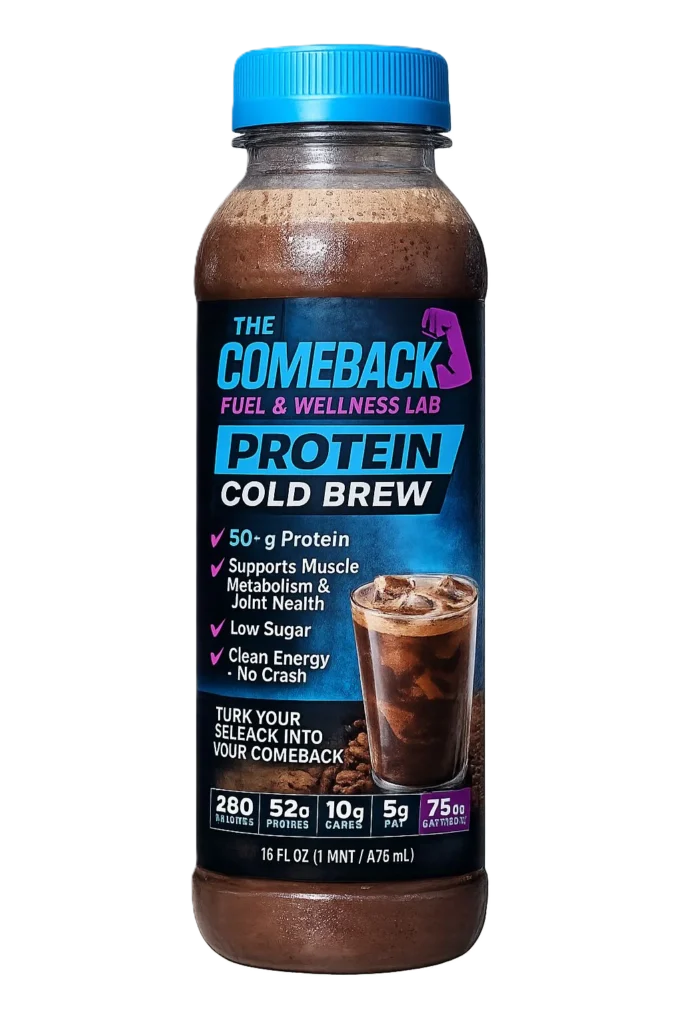 Bottle of Protein Cold Brew coffee drink with a dark brown beverage and label advertising 50 grams of protein in a low-sugar cold brew coffee.