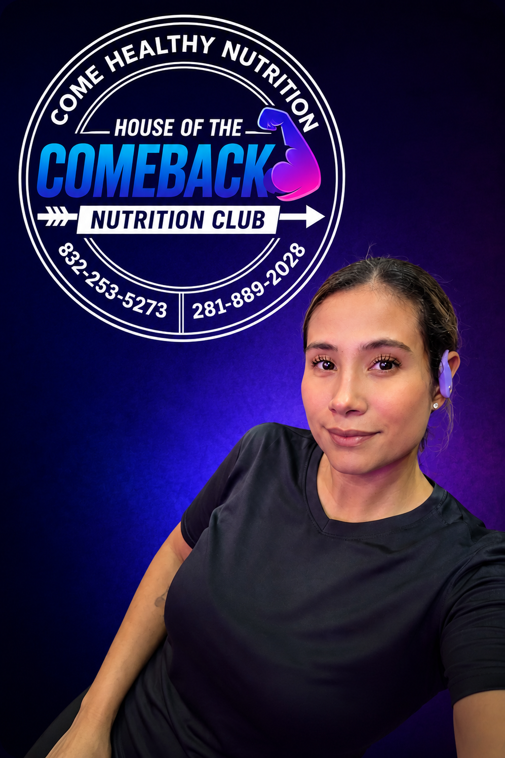 Portrait-style promotional image for a Houston tea and shake shop featuring a woman in a black shirt posing in front of a blue and purple gradient background with a circular “Comeback” nutrition club logo displayed prominently in the upper left. The overall design has a clean, modern, wellness-focused aesthetic.