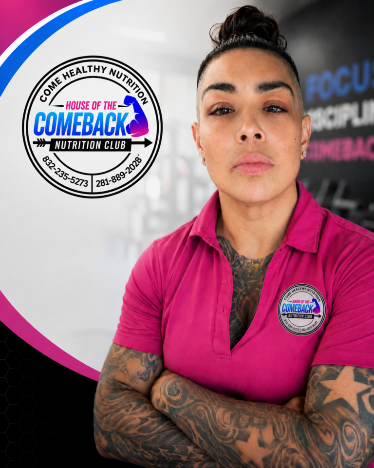 Team member portrait for Comeback Nutrition in Austin, Texas, wearing a bright pink branded polo shirt with the Comeback Nutrition logo. The staff member stands with folded arms in front of a clean, modern background featuring the company’s branding and wellness messaging. This professional image highlights the personalized coaching and healthy lifestyle focus of the nutrition club and supplement shop.